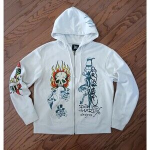 Don Ed Hardy Flame Skull Hoodie Ivory Full Zip Mens Sz L